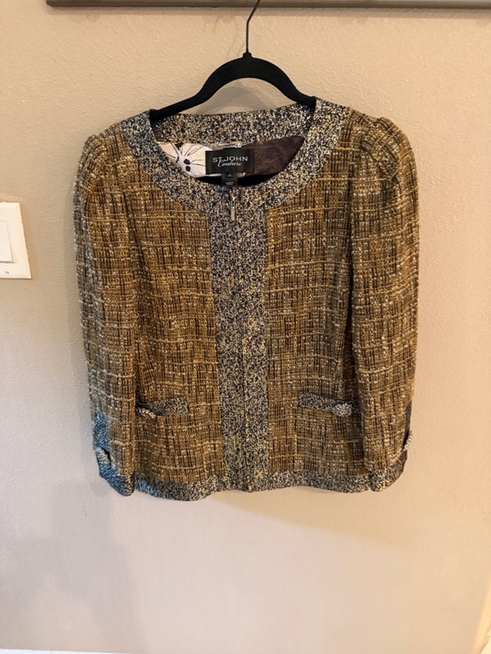 St. John Olive Tweed Collarless Blazer with Gray Trim
